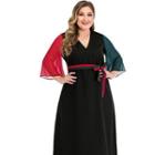 Plus Size 3/4-sleeve Color Block Panel Midi A-line Dress