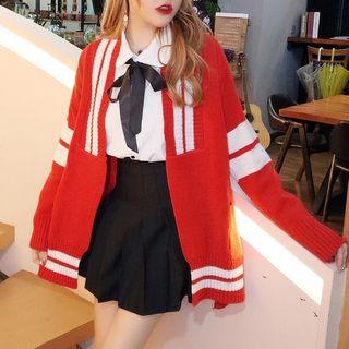 Contrast Trim Cardigan / Plain Shirt / Mini Pleated Skirt / Set