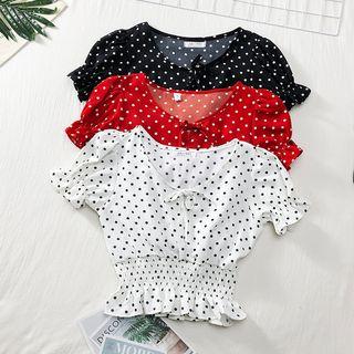 Tie-neckline Smocked Dotted Blouse