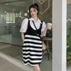 Short-sleeve Blouse / Striped Mini A-line Overall Dress