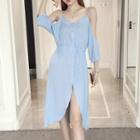Buttoned Off-shoulder 3/4-sleeve A-line Dress