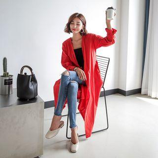 Belted-sleeve Open-front Long Jacket