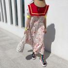 Short-sleeve Color Block Frill Trim Floral A-line Midi Dress
