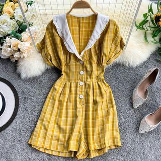 Short-sleeve Frill Trim Wide-leg Plaid Playsuit
