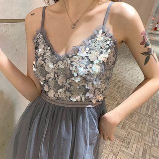 Spaghetti Strap Sequined Mesh A-line Midi Dress