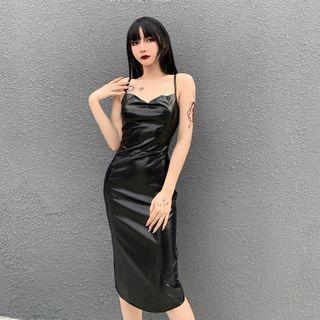 Spaghetti Strap Faux Leather Midi Dress