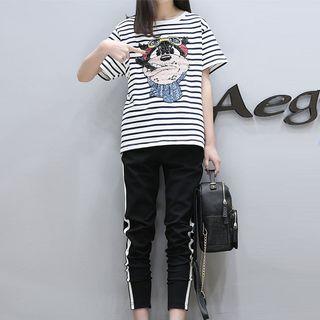 Set: Sequined Striped Short Sleeve T-shirt + Contrast Trim Pants