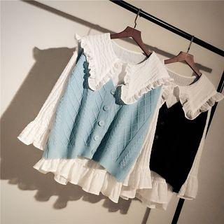Set: Bell-sleeve Blouse + Button Knit Vest