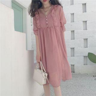 Set: Ruffle Trim Elbow-sleeve Dress + Plain Slipdress