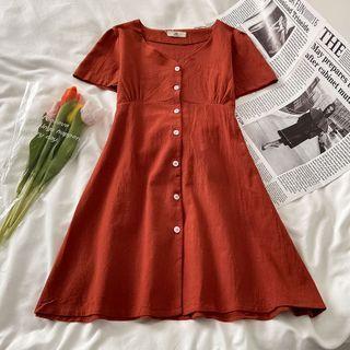 Short-sleeve Button-up A-line Dress Red - One Size