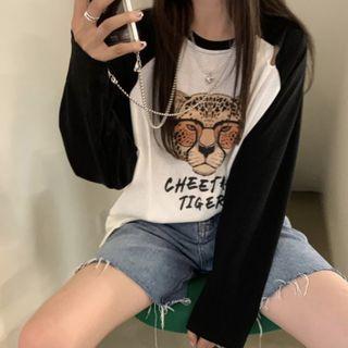 Long-sleeve Cartoon Print Raglan T-shirt Blue & White - One Size