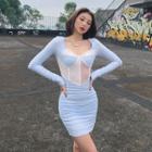 Long-sleeve V-neck Color-block Slim-fit Dress