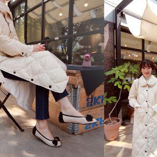 Snap-button Trim Quilted Long Jacket Ivory - One Size