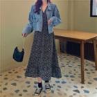 Frayed Denim Jacket / Long-sleeve Floral Print Midi A-line Dress