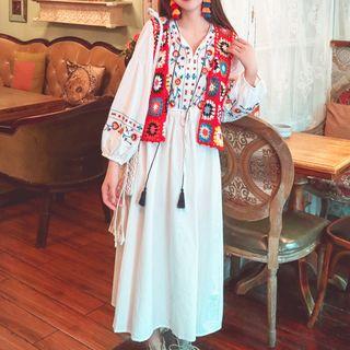 Puff-sleeve Embroidered Midi A-line Dress / Patterned Vest / Set