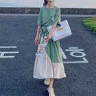 Elbow-sleeve Tie-waist Knit Midi A-line Dress