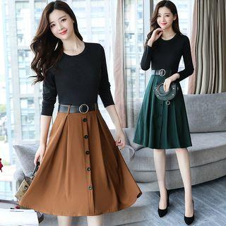 Long Sleeve Mock Two Piece Panel A-line Dress