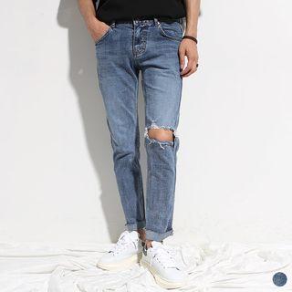 Ripped-knee Washed Straight-cut Jeans
