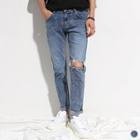 Ripped-knee Washed Straight-cut Jeans