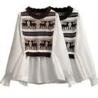 Long-sleeve Reindeer Pattern Knit Panel Peplum Blouse