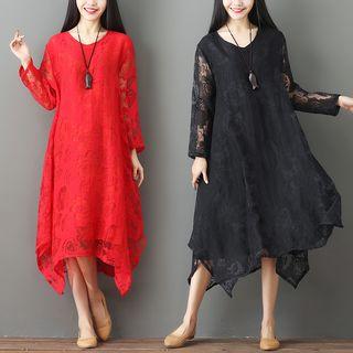 Asymmetric Hem Long-sleeve Midi A-line Dress