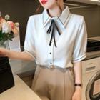 Short-sleeve Contrast Trim Bow Detail Shirt