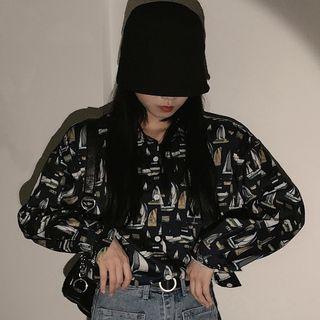 Patterned Long-sleeve Shirt Blue - One Size