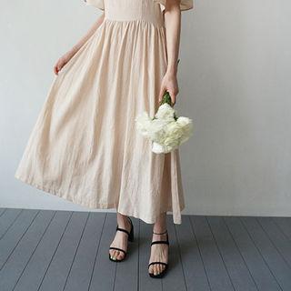 Linen Blend Squared-neck A-line Long Dress