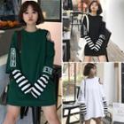 Mock Two Piece Striped Panel Cut Out Shoulder Long Sleeve Top