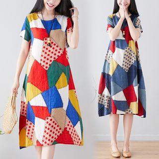 Patch Work Short-sleeve A-line Midi Dress