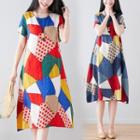 Patch Work Short-sleeve A-line Midi Dress