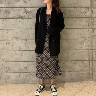 Double-breasted Blazer / Plaid Spaghetti Strap Midi Dress