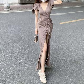 Short-sleeve V-neck Drawstring Slit Midi Dress