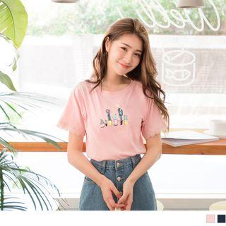 Cactus Printing Lace Cuff Short-sleeve Top