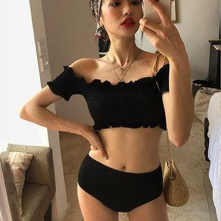 Set Of 2: Short-sleeve Frill-trim Swim Top + Swim Shorts