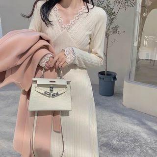 Long-sleeve Lace Trim Knit Midi A-line Dress Almond - One Size