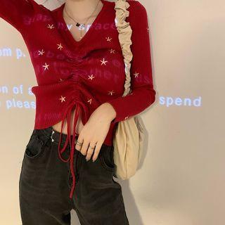 Flower Embroidered Drawstring Sweater