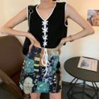 Lace Up Tank Top / Flower Print Mini A-line Skirt
