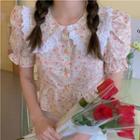Balloon-sleeve Floral Print Peplum Blouse As Shown In Figure - One Size