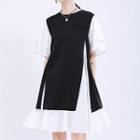 Two-tone Panel Layered Short-sleeve Midi A-line Dress Black & White - One Size