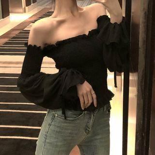 Off-shoulder Ruffled Smocked Blouse Black - One Size