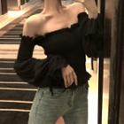 Off-shoulder Ruffled Smocked Blouse Black - One Size