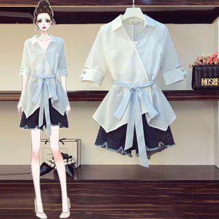 Set: Elbow-sleeve Tie-front Blouse + Ripped Wide Leg Denim Shorts