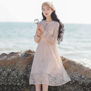 Cutout Long-sleeve Midi A-line Lace Dress