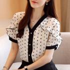 Contrast Trim Short-sleeve Dotted Blouse