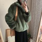 Plain Fluffy Jacket Green - One Size