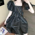 Square-neck Puff-sleeve Mini Shift Dress Black - One Size