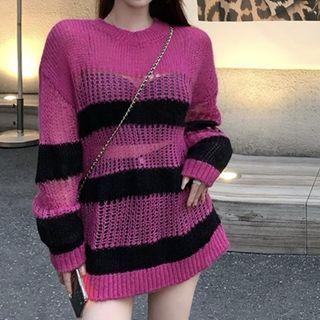 Round Neck Stripe Loose Fit Perforated Sweater Stripe - Rose Pink - One Size