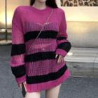 Round Neck Stripe Loose Fit Perforated Sweater Stripe - Rose Pink - One Size
