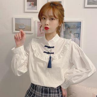 Frog-button Ruffle Trim Blouse